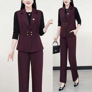 2025秋装新款时尚长袖t恤西装马甲显瘦三件套阔腿裤高端气质套装