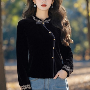 国风上衣女新中式金丝绒打底衫女高档女士衬衫民族风洋气旗袍小衫