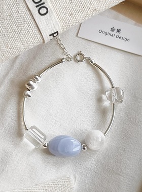 原创清新蓝色水晶玛瑙银串珠手工手链自制手串限量YUGUO余果自制