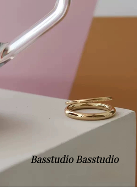 Basstudio戒指女双圈双层戒指简约欧美韩式新款钛钢镀金光面指环