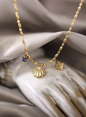 Basstudio原创设计贝壳珍珠蓝钻菱形洛可可风锁骨链钛钢镀18k金