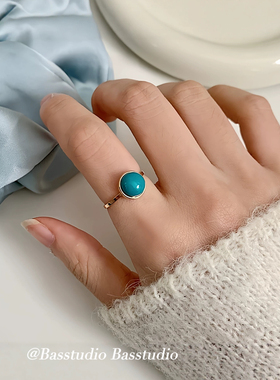 Basstudio复古绿松石戒指女轻奢气质钛钢镀18K金食指戒百搭不掉色