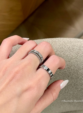 Basstudio 不掉色明星同款冰块戒指简约银色单钻钛钢情侣对戒指环