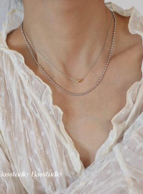 Basstudio ins风新款金米粒双层撞色米珠项链锁骨链 钛钢不掉色