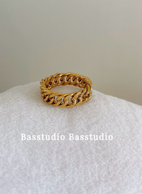 Basstudio 不掉色韩式简约ins冷淡风链条戒指女小众钛钢镀18k金