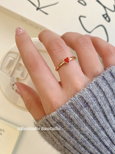 Basstudio不掉色红色爱心戒指女轻奢小众设计ins潮食指戒简约百搭