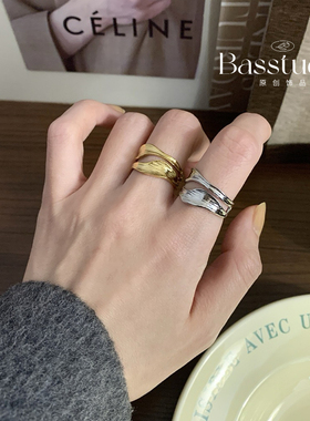 Basstudio不掉色马蹄莲镂空卷叶食指戒钛钢时尚个性冷淡风情侣戒