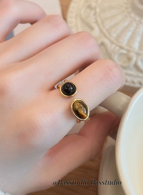 Basstudio欧美虎眼石开口戒指女轻奢高级感食指戒小众设计钛钢潮