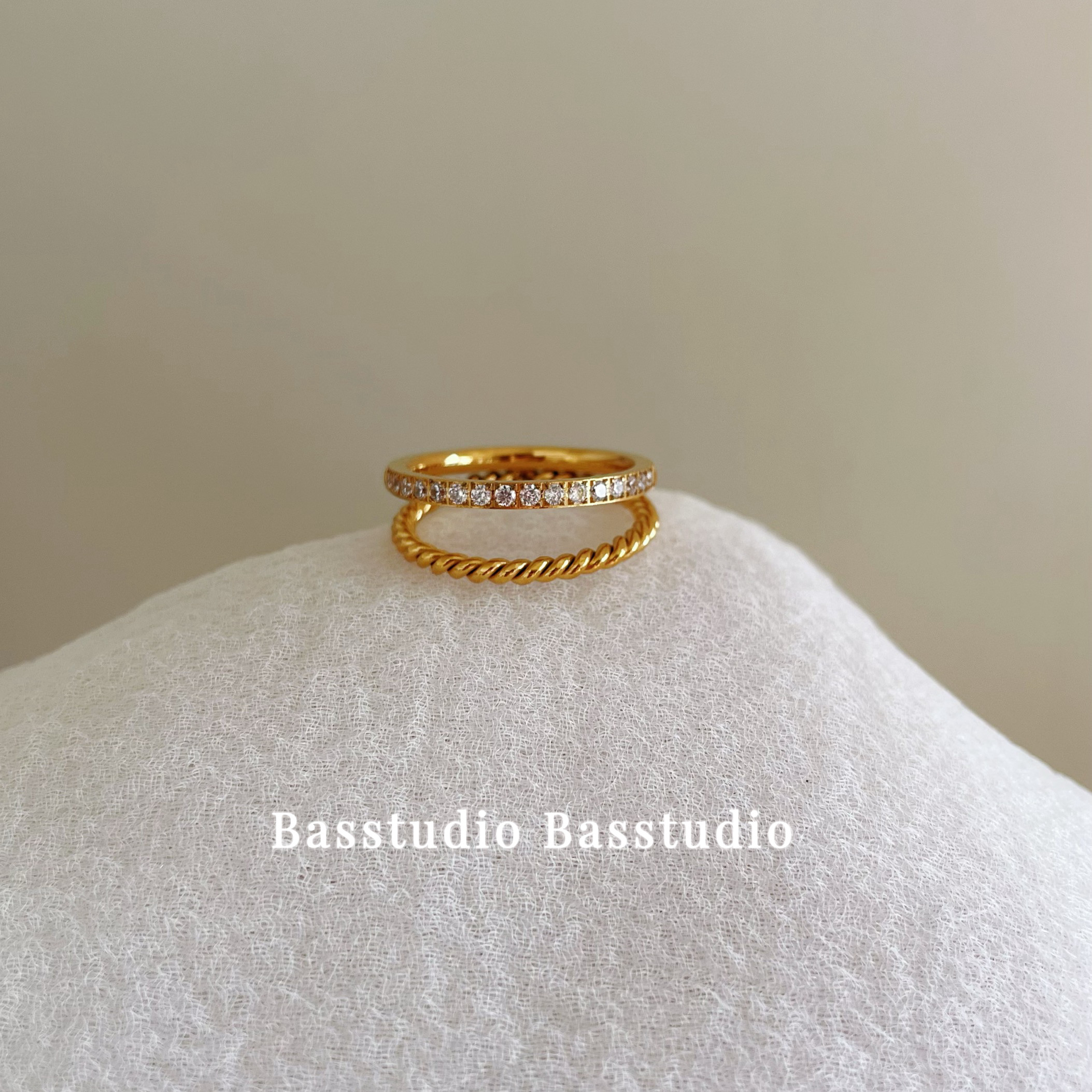 Basstudio不掉色钛钢双层排钻麻花食指戒指轻奢小众时尚个性女