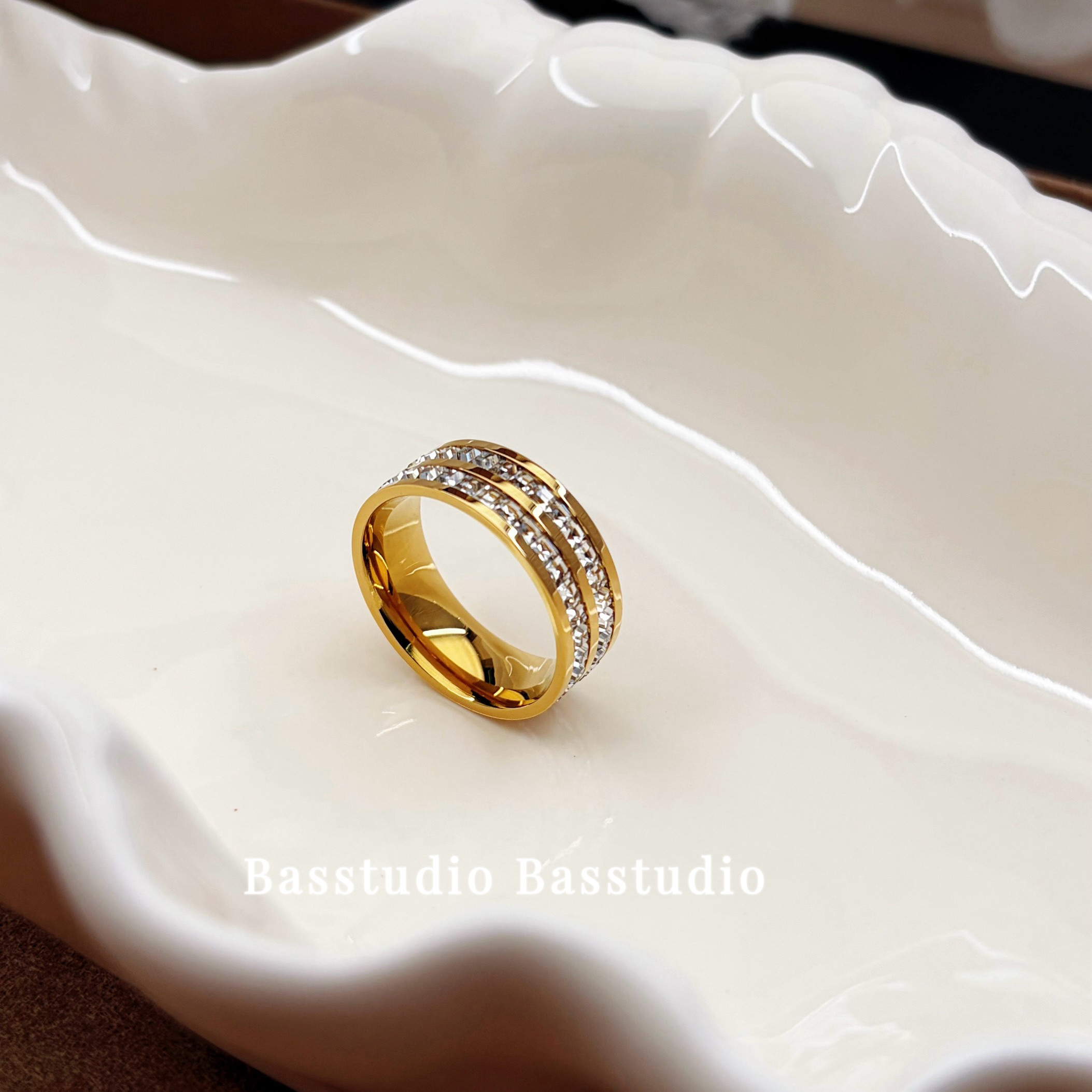 Basstudio双排钻钛钢戒指女小众高级感不掉色金色满天星食指戒指