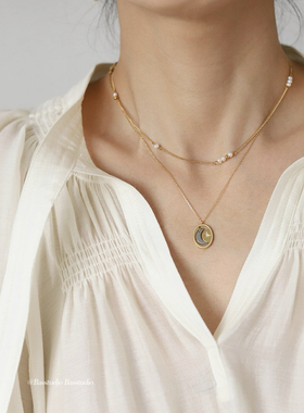 Basstudio 手工锁骨链叠戴天然淡水珍珠小巧项链搭配 钛钢镀18K金