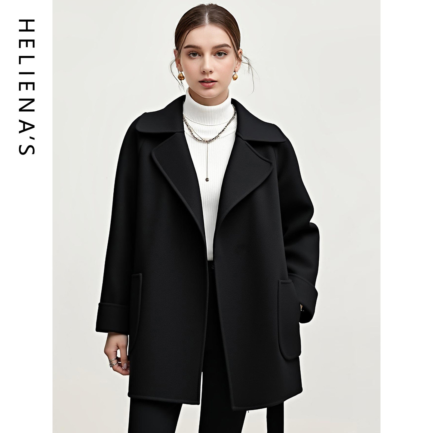 海兰丝双面呢短款大衣冬季正肩西装领保暖羊毛毛呢外套女