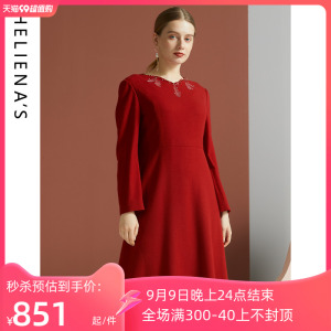 海兰丝2022秋冬新款商场同款中长款圆领羊毛修身新年红色连衣裙女