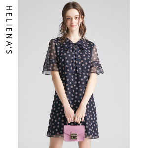 海兰丝2025夏新款V领中长款A字裙显瘦遮肚子喇叭袖波点雪纺连衣裙