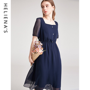 海兰丝HOT夏季新款法式气质方领A字裙子时尚优雅短袖雪纺连衣裙