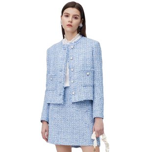 海兰丝小香风秋冬短款外套上衣温柔干练定染蓝圆领镶边时髦小短款