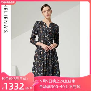 海兰丝秋季新款衬衫领印花长袖中长款收腰高级连衣裙子女H223OP02
