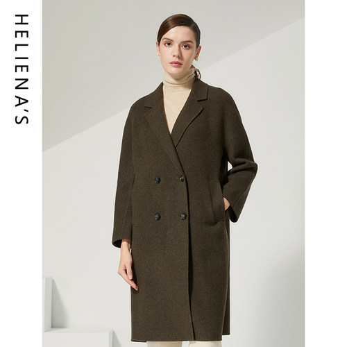 海兰丝绿色中长款毛呢大衣