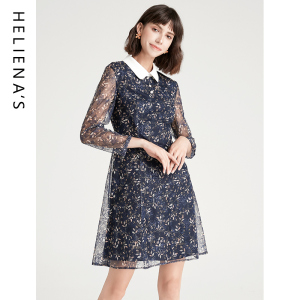 海兰丝春装新款减龄娃娃领收腰A字裙气质长袖碎花蕾丝连衣裙