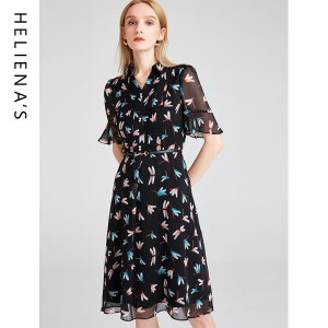 海兰丝春夏新款熟女风气质短袖衬衫裙收腰显瘦碎花雪纺连衣裙