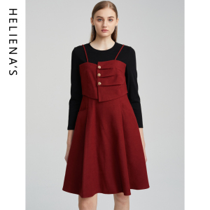 海兰丝假两件连衣裙复古气质小香风收腰连衣裙2024冬季新款裙子女