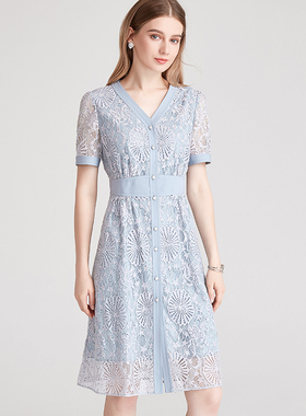 海兰丝HOT推荐夏新款气质淑女短袖收腰裙子甜美V领蓝色蕾丝连衣裙