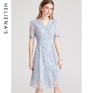 海兰丝HOT推荐夏新款气质淑女短袖收腰裙子甜美V领蓝色蕾丝连衣裙