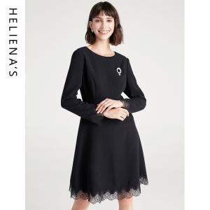 海兰丝春季新款轻熟风收腰长袖A字裙子气质名媛风通勤连衣裙