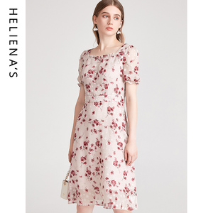 海兰丝春夏新款气质优雅粉色短袖A字裙子法式碎花雪纺连衣裙