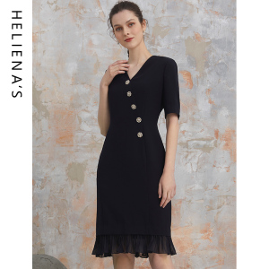 海兰丝HOT推荐春夏新款商场同款气质收腰短袖鱼尾连衣裙范小黑裙