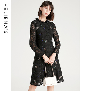 海兰丝春新款轻熟风修身黑色A字裙高端长袖刺绣蕾丝连衣裙