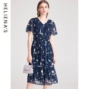 海兰丝HOT推荐夏新款气质收腰显瘦短袖A字裙流行碎花雪纺连衣裙