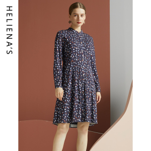 海兰丝2024秋冬新款商场同款长袖中长款雪纺碎花打底a字连衣裙女