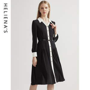 海兰丝2024秋季新款气质V领收腰裙子时尚长袖黑色过膝雪纺连衣裙