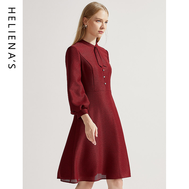 海兰丝秋新款复古时尚安可拉红气质小个子灯笼袖雪纺连衣裙