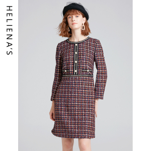 海兰丝春装新款法式复古小香风连衣裙气质长袖a字裙子女