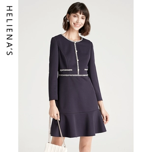 气质长袖 冬新款 A字裙子淑女小香风鱼尾连衣裙 海兰丝春季 时尚