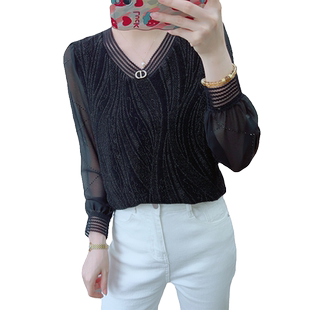 海兰丝蕾丝雪纺衫女长袖衬衫气质内搭打底上衣洋气小衫