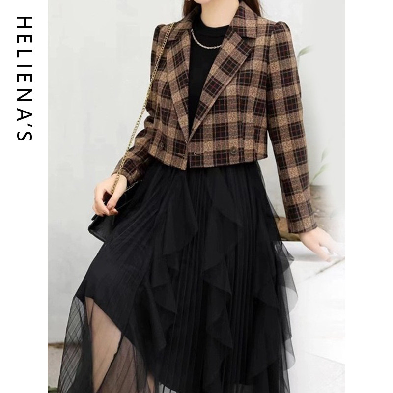 海兰丝春秋新款高级感女连衣裙外搭格子小外套洋气显瘦套装裙子