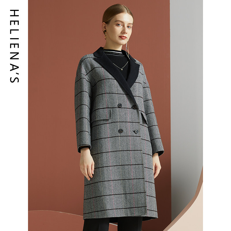 海兰丝2024秋冬新款商场同款中长款西装领人字纹外套羊毛大衣女