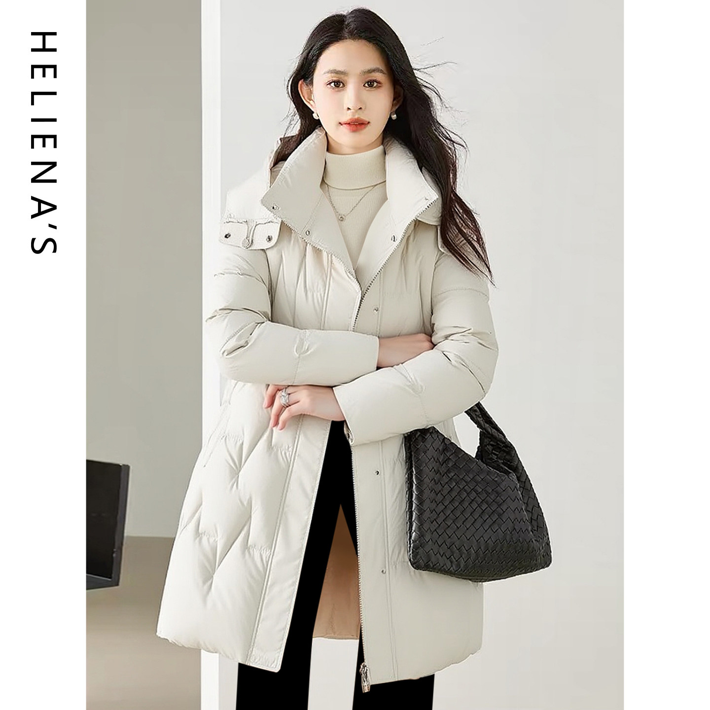 海兰丝高级感连帽女羽绒服洋气中长款抽绳收腰外套女