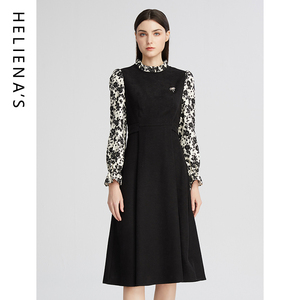 海兰丝春夏季新款长袖黑色碎花连衣裙法式收腰中长内搭裙女