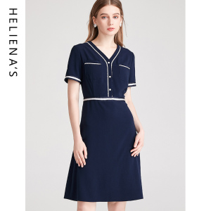 海兰丝春夏新款小众设计短袖收腰裙气质小个子显高雪纺连衣裙