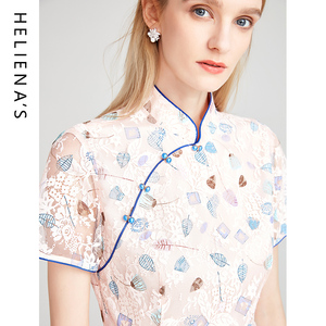 海兰丝HOT夏季新款优雅收腰短袖A字裙中国风改良旗袍蕾丝连衣裙