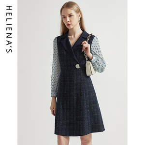 海兰丝2024秋冬新品时尚小香风长袖A字呢子裙子熟女V领收腰连衣裙