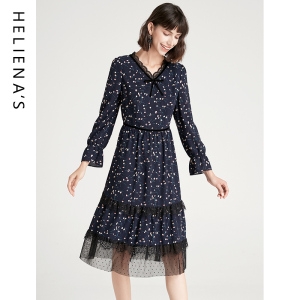 海兰丝春季新款名媛气质长袖V领A子长裙法式收腰碎花连衣裙春