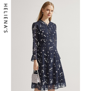 海兰丝2024秋冬新款法式V领长袖A字裙子熟女小碎花雪纺连衣裙女