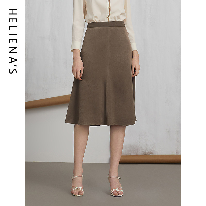 海兰丝时尚半身裙女2024夏装高腰显瘦伞裙西装裙中长款咖色a字裙