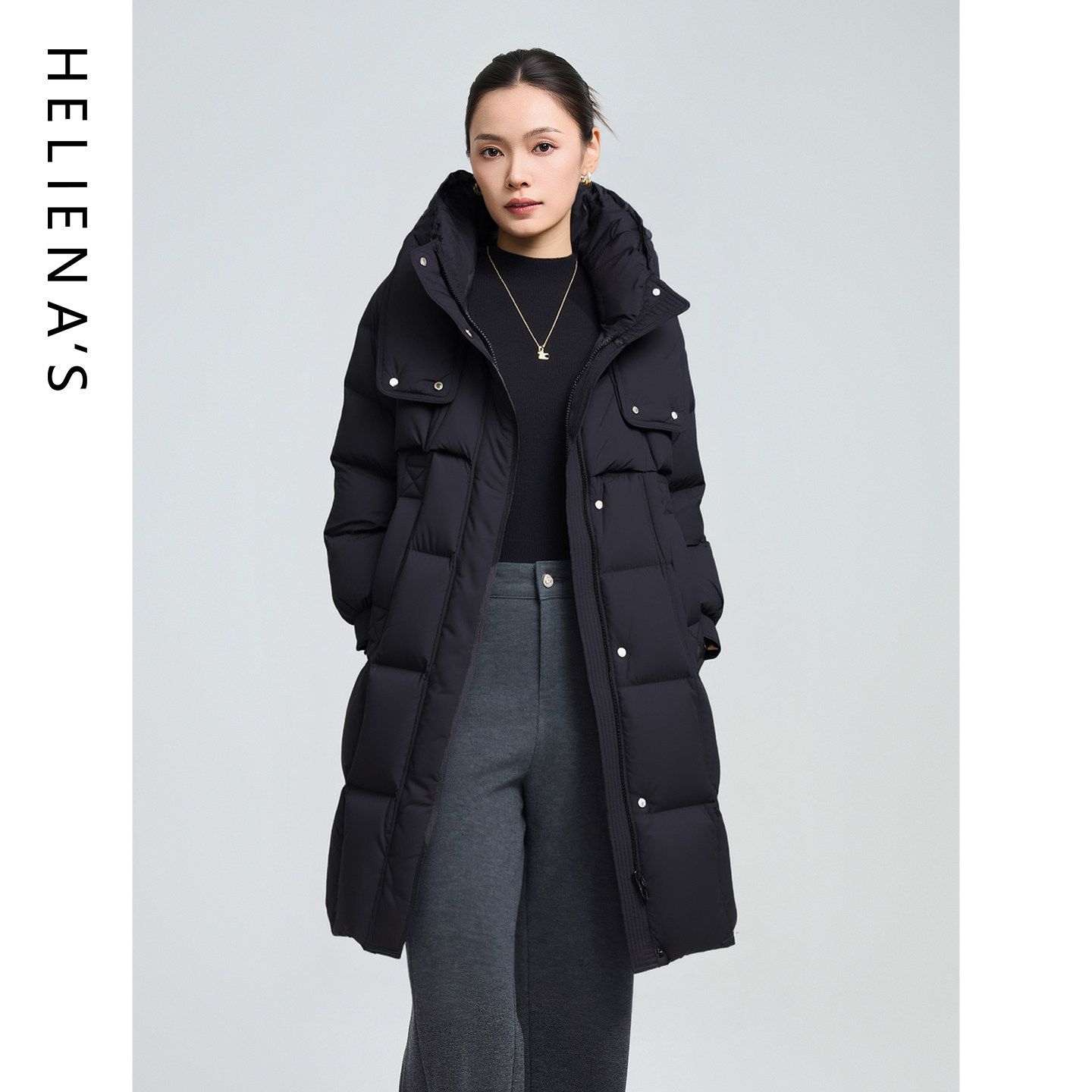 海兰丝冬新款时尚大码小个子加厚羽绒服收腰连帽白鸭绒外套女