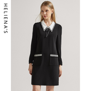 海兰丝2024秋冬新款时尚小香风娃娃领小黑裙流行长袖直筒连衣裙